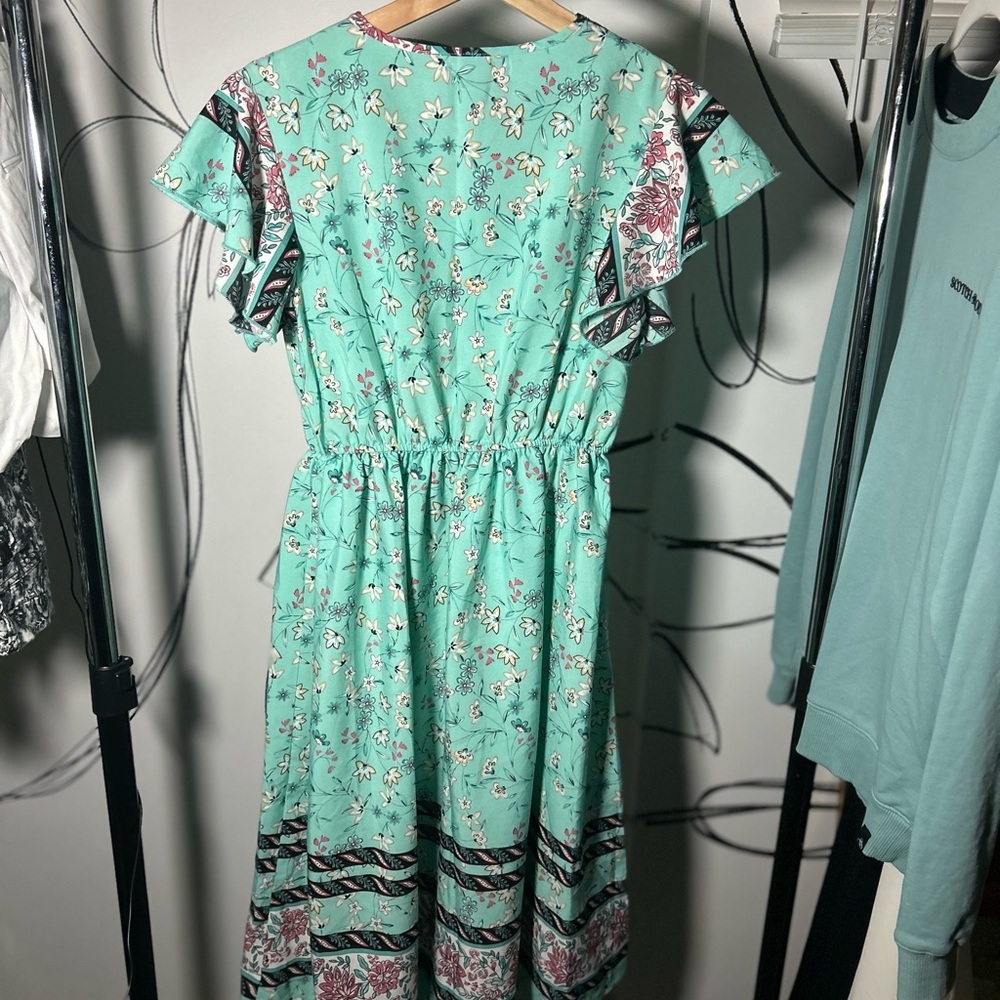 C+D+M Floral Dress Teal Base w/ Multi Flowers, Button Bust + Drawstring Waist - Picture 5 of 5